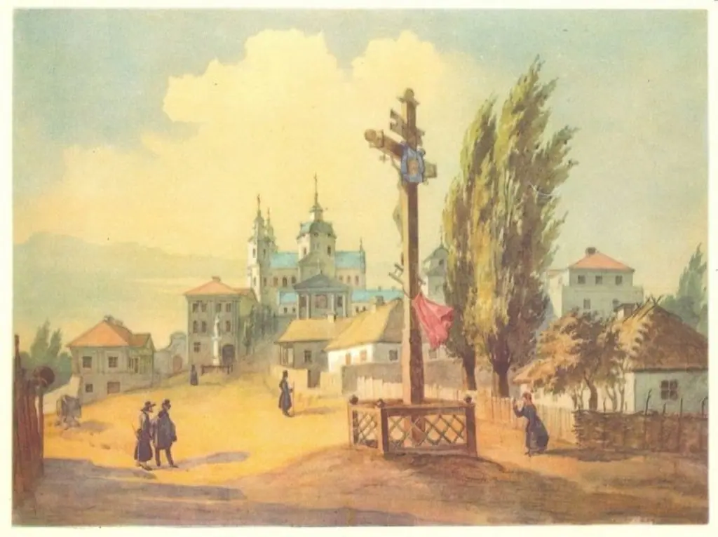 Вулиця біля лаври з хрестом, акварель Вулиця біля лаври з хрестом, акварель — Почаїв